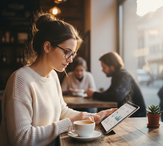 A business owner managing her store on a tablet