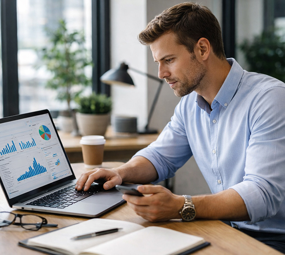 A man reviewing financial charts on a laptop